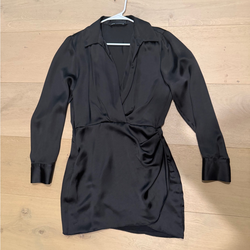Zara Black Satin Wrap Blazer Dress